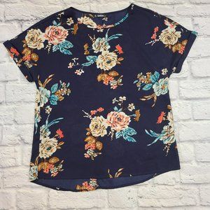 Shein Navy Short Sleeved Floral Blouse